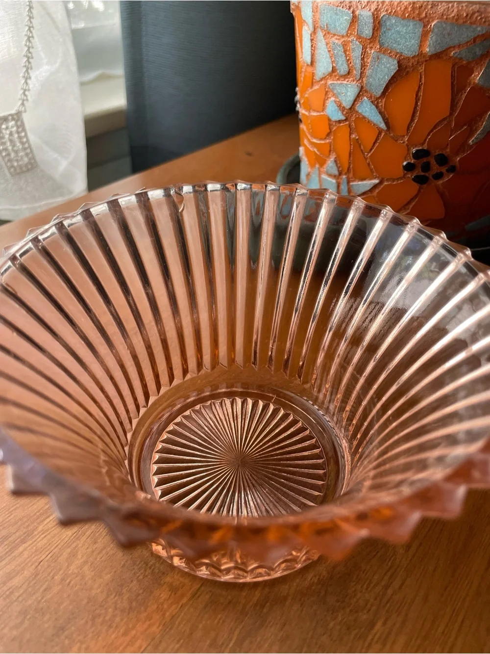 Pink Glass Dessert Bowl - Elegant Ribbed Design